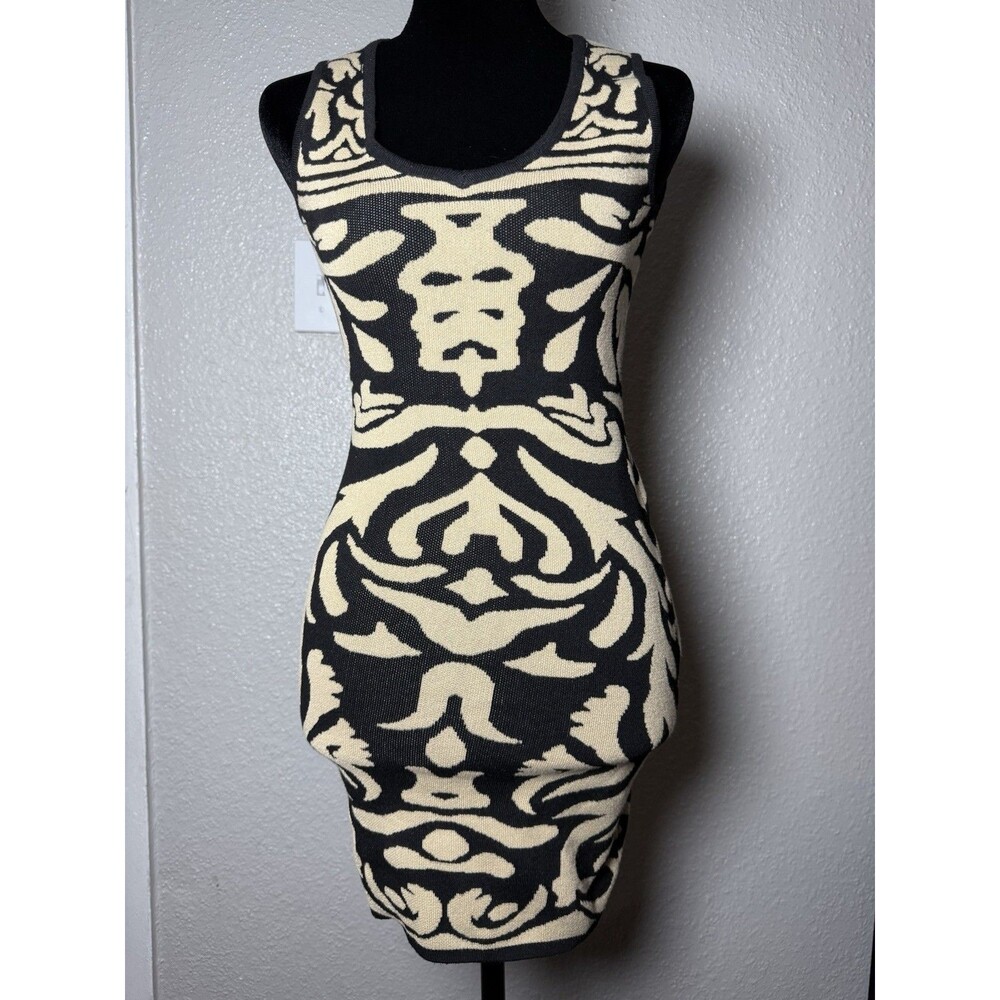 Stilletto’s Knit Bodycon Mini Dress Size Small Black & Cream Abstract Geometric